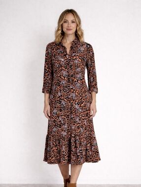 Esqualo Leopard Paisley Floral Mixed Print Midi Dress US 8 / EU 38 Long Sleeve